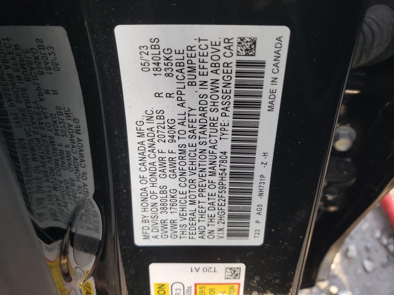 2023 HONDA CIVIC SPORT VIN:2HGFE2F59PH547804