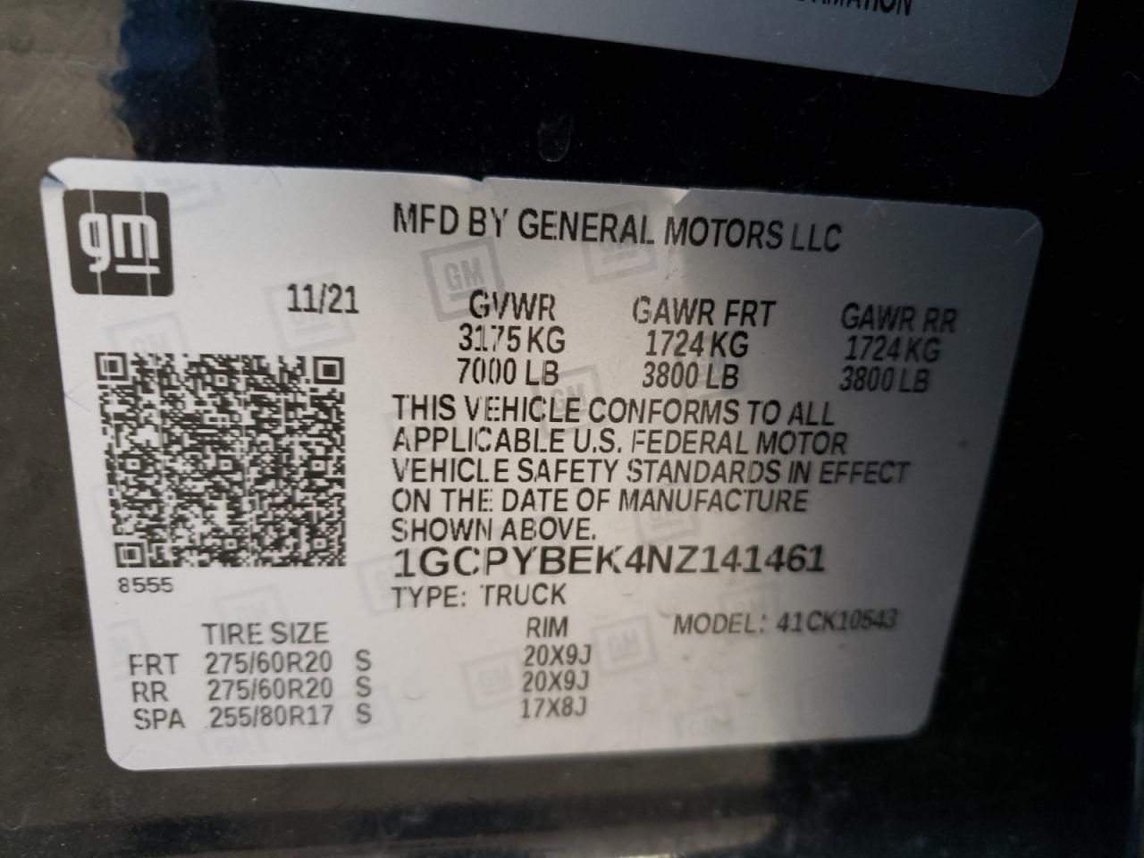 2022 CHEVROLET SILVERADO LTD K1500 CUSTOM VIN:1GCPYBEK4NZ141461