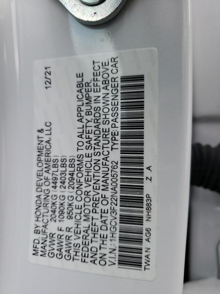 2022 HONDA ACCORD HYBRID SPORT VIN:1HGCV3F22NA005762