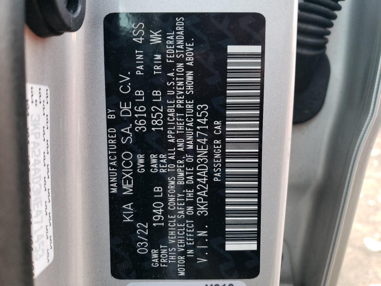 2022 KIA RIO LX VIN:3KPA24AD3NE471453