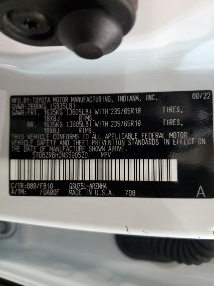 2022 TOYOTA HIGHLANDER L VIN:5TDBZRBH0NS590520