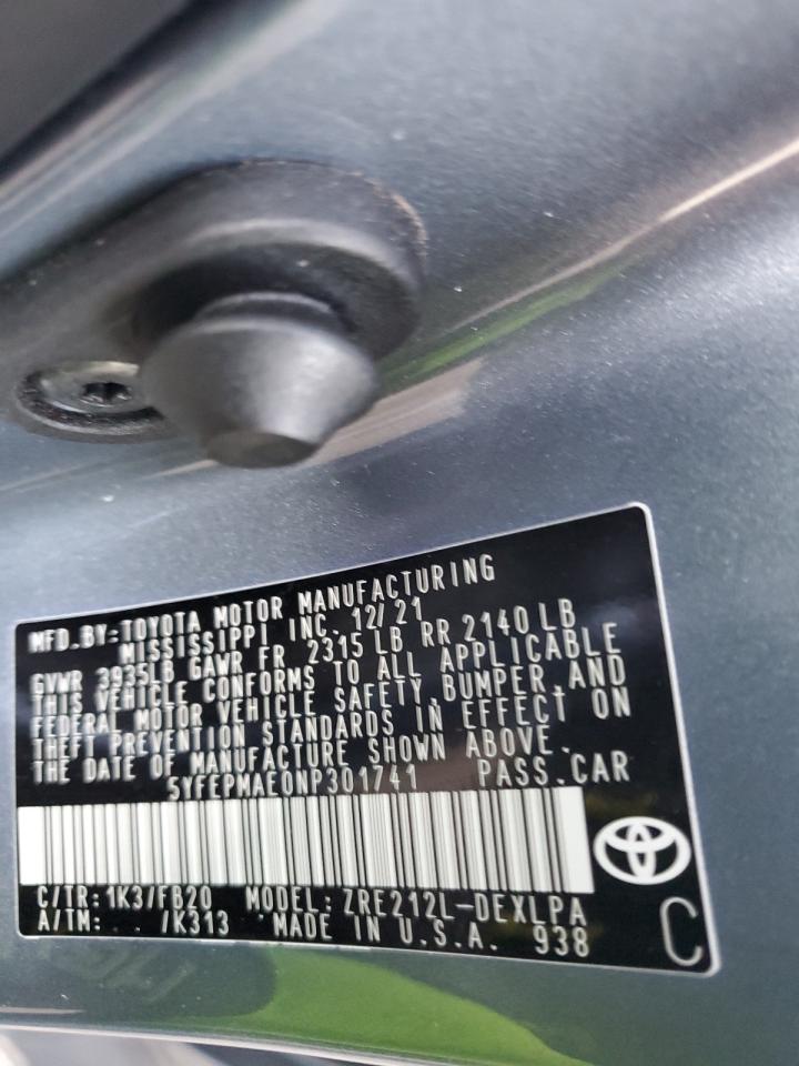 2022 TOYOTA COROLLA LE VIN:5YFEPMAE0NP301741