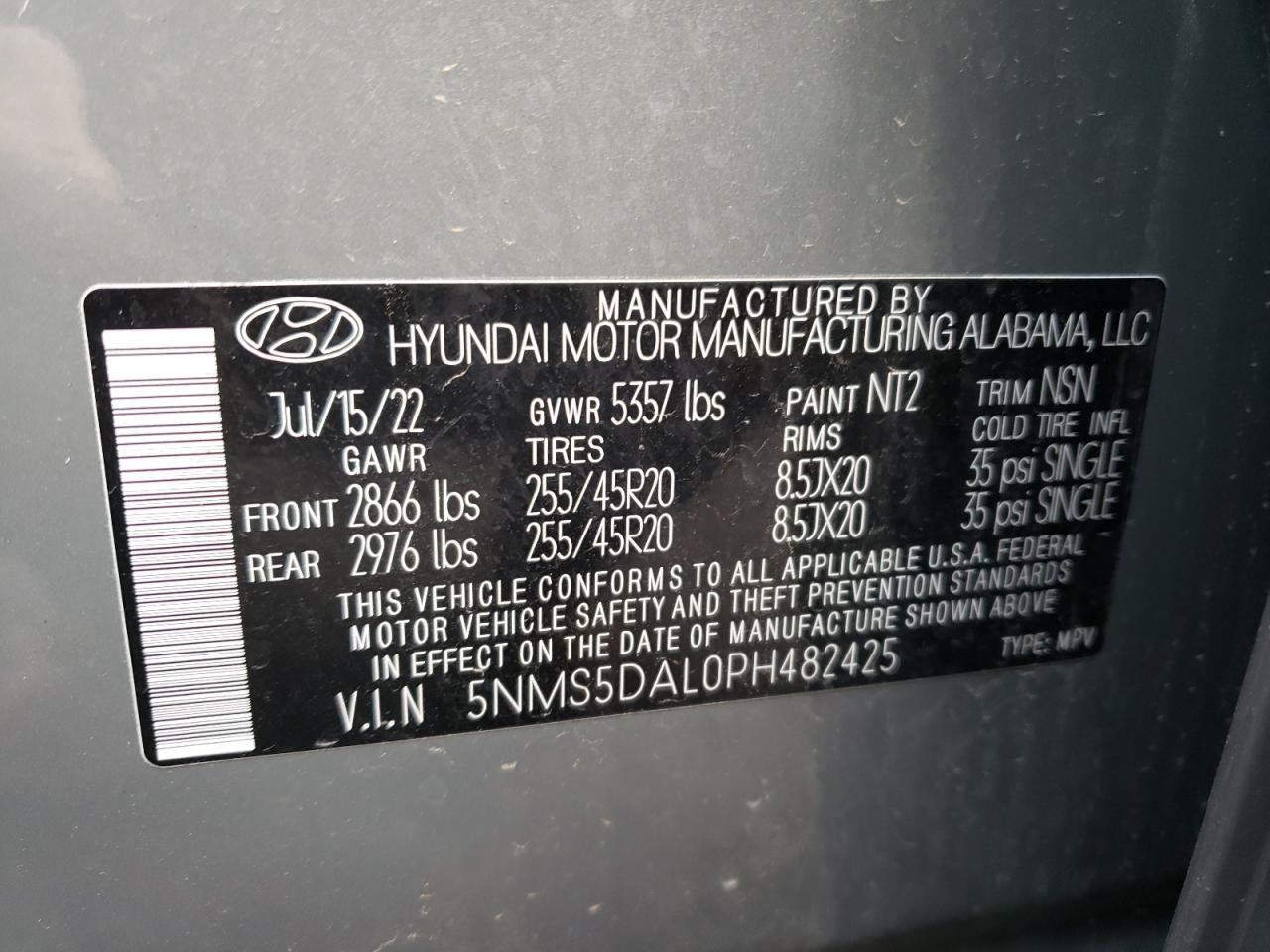 2023 HYUNDAI SANTA FE CALLIGRAPHY VIN:5NMS5DAL0PH482425