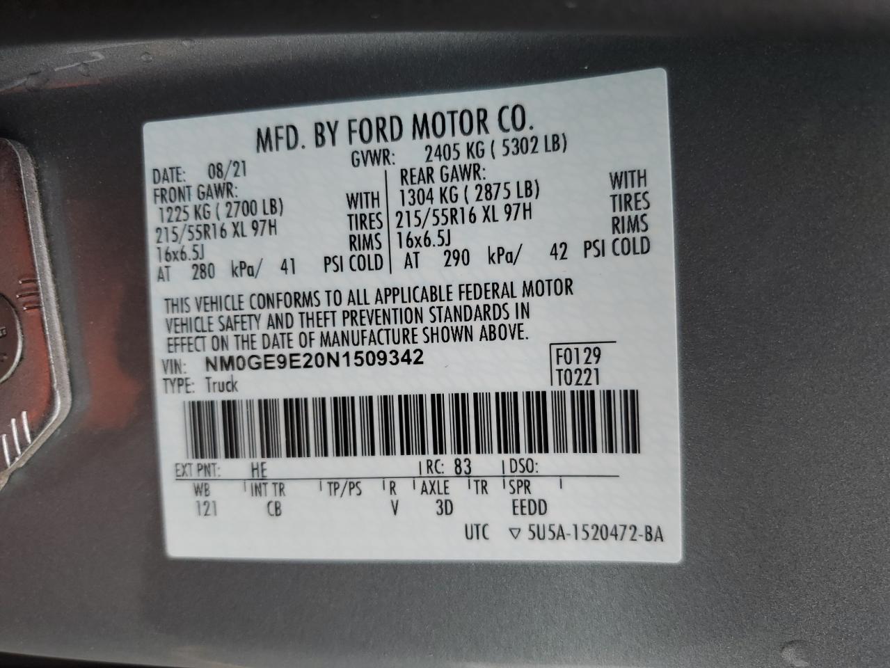 2022 FORD TRANSIT CONNECT XL VIN:NM0GE9E20N1509342