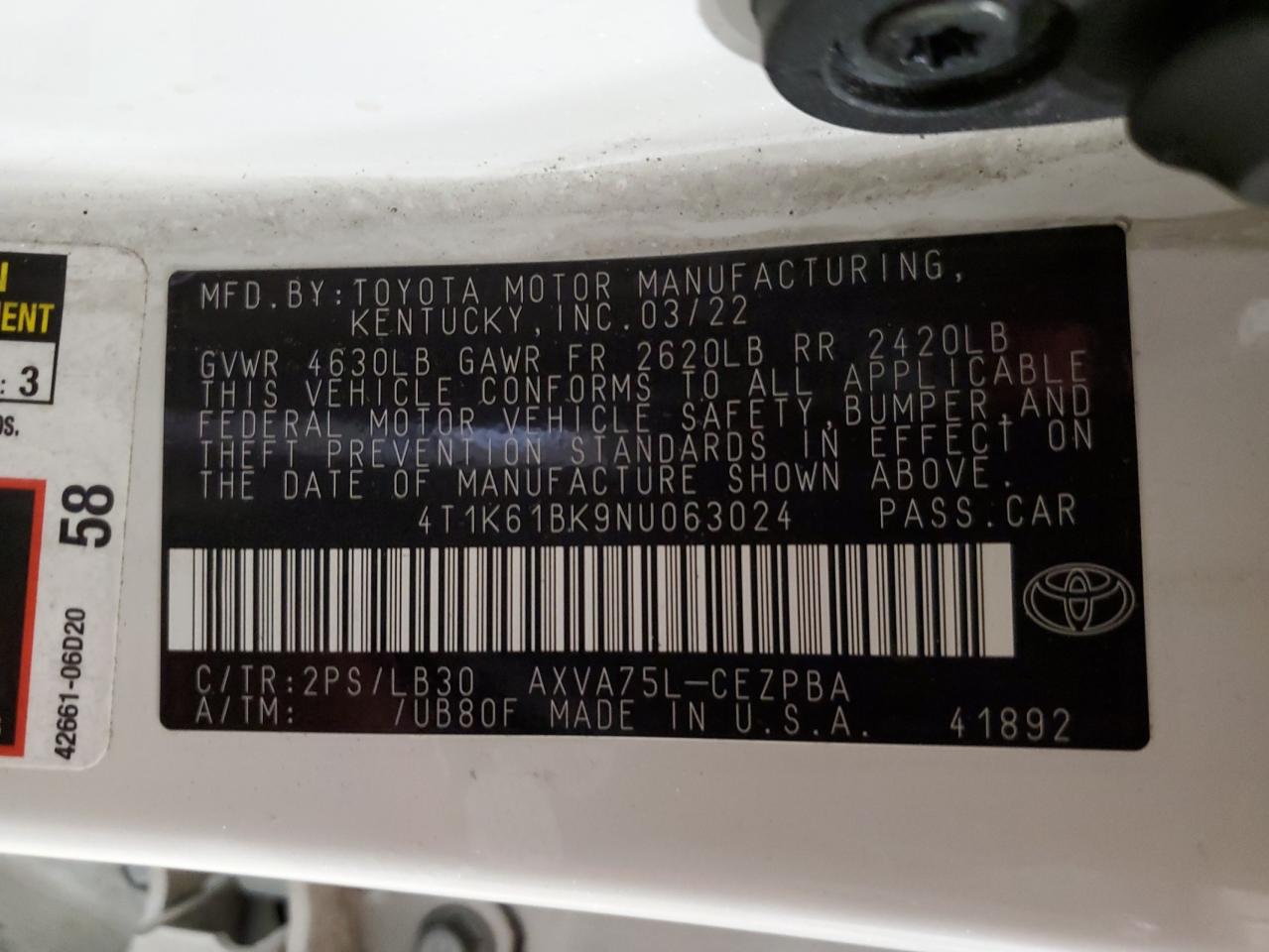 2022 TOYOTA CAMRY XSE VIN:4T1K61BK9NU063024