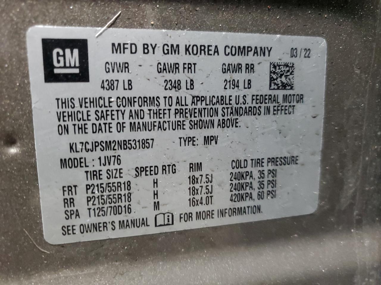 2022 CHEVROLET TRAX 1LT VIN:KL7CJPSM2NB531857