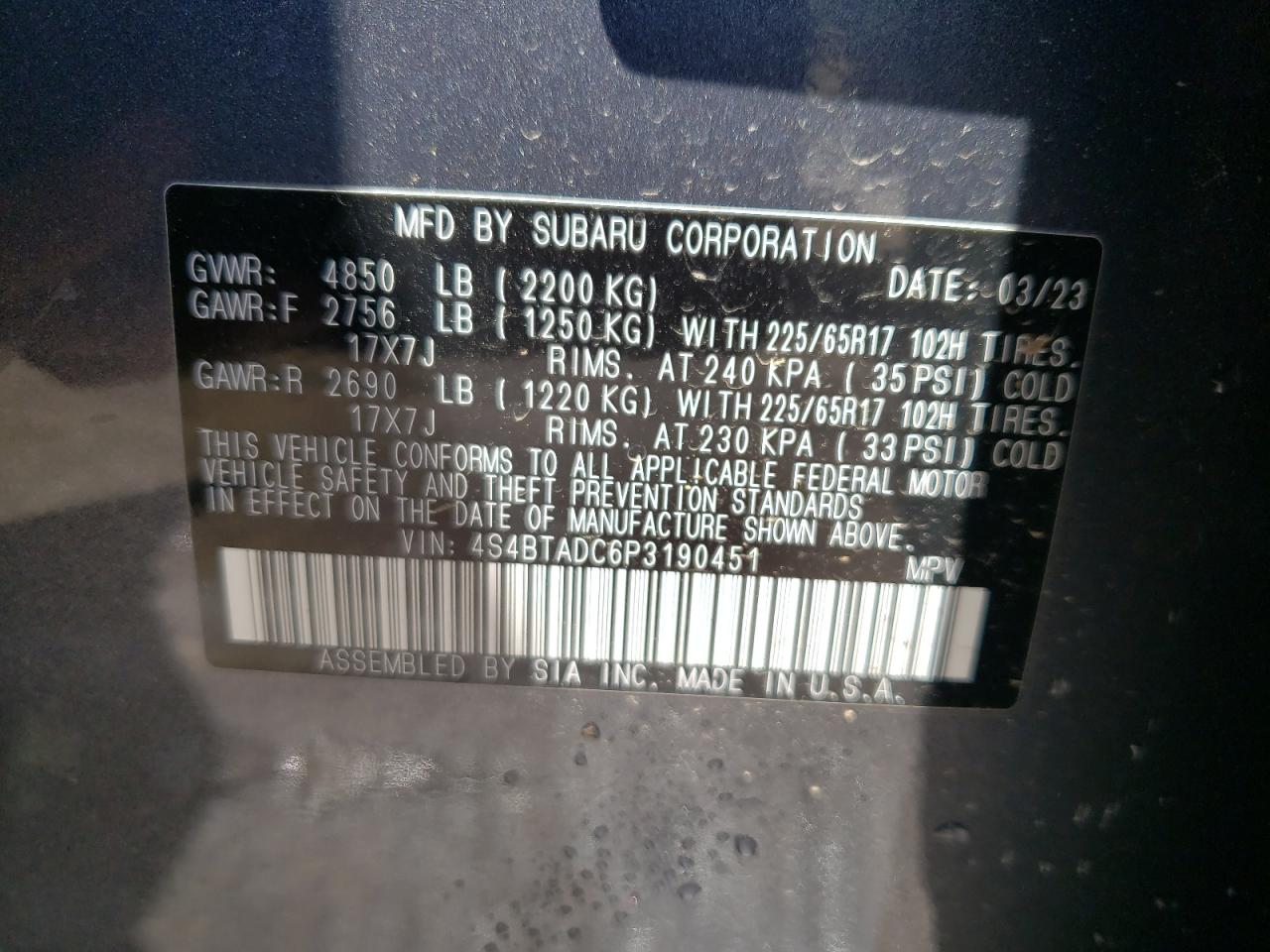2023 SUBARU OUTBACK PREMIUM VIN:4S4BTADC6P3190451