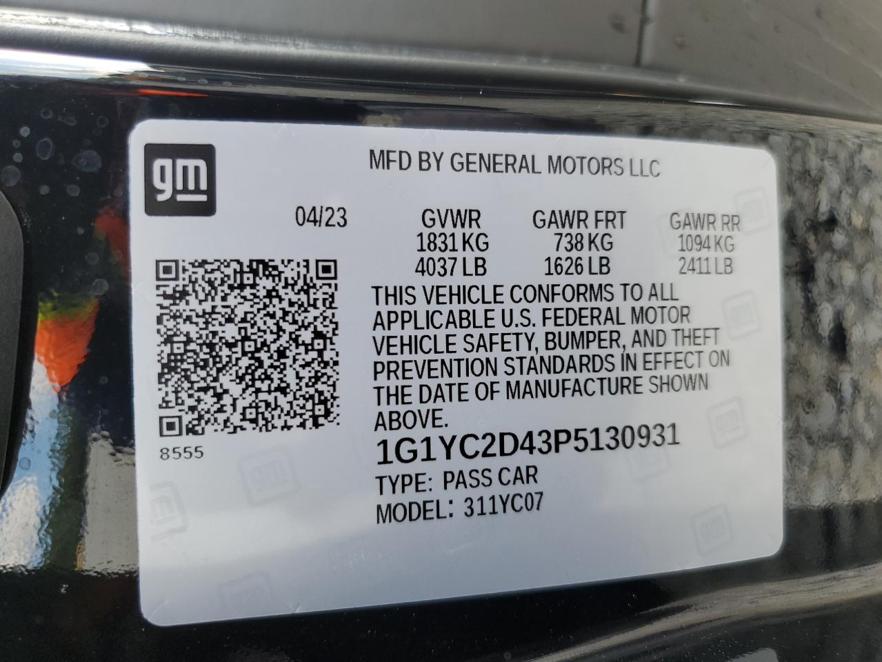 2023 CHEVROLET CORVETTE STINGRAY 3LT VIN:1G1YC2D43P5130931