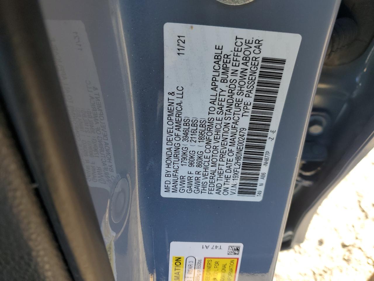 2022 HONDA CIVIC SPORT VIN:19XFL2H80NE002479