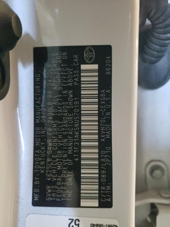 2022 TOYOTA CAMRY XLE VIN:4T1F31AK5NU570191