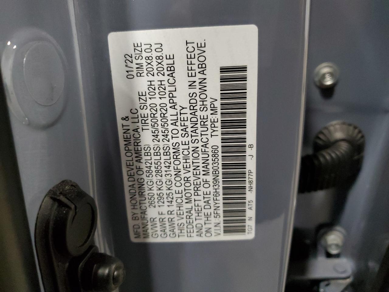 2022 HONDA PILOT SPORT VIN:5FNYF6H39NB035860