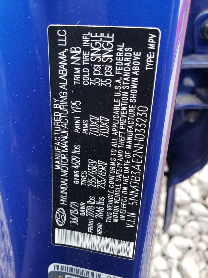 2022 HYUNDAI TUCSON SEL VIN:5NMJB3AE2NH033230