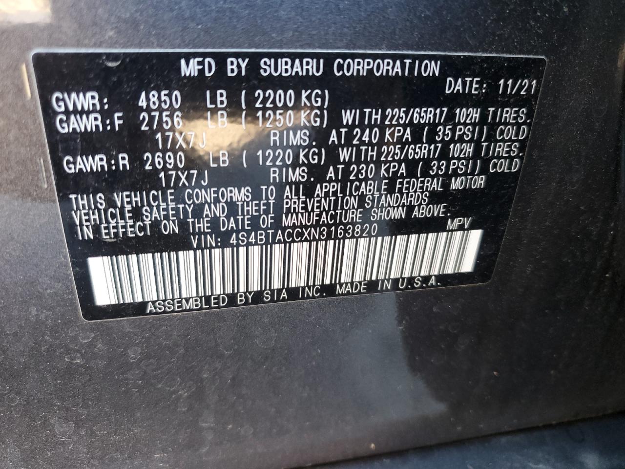 2022 SUBARU OUTBACK PREMIUM VIN:4S4BTACCXN3163820