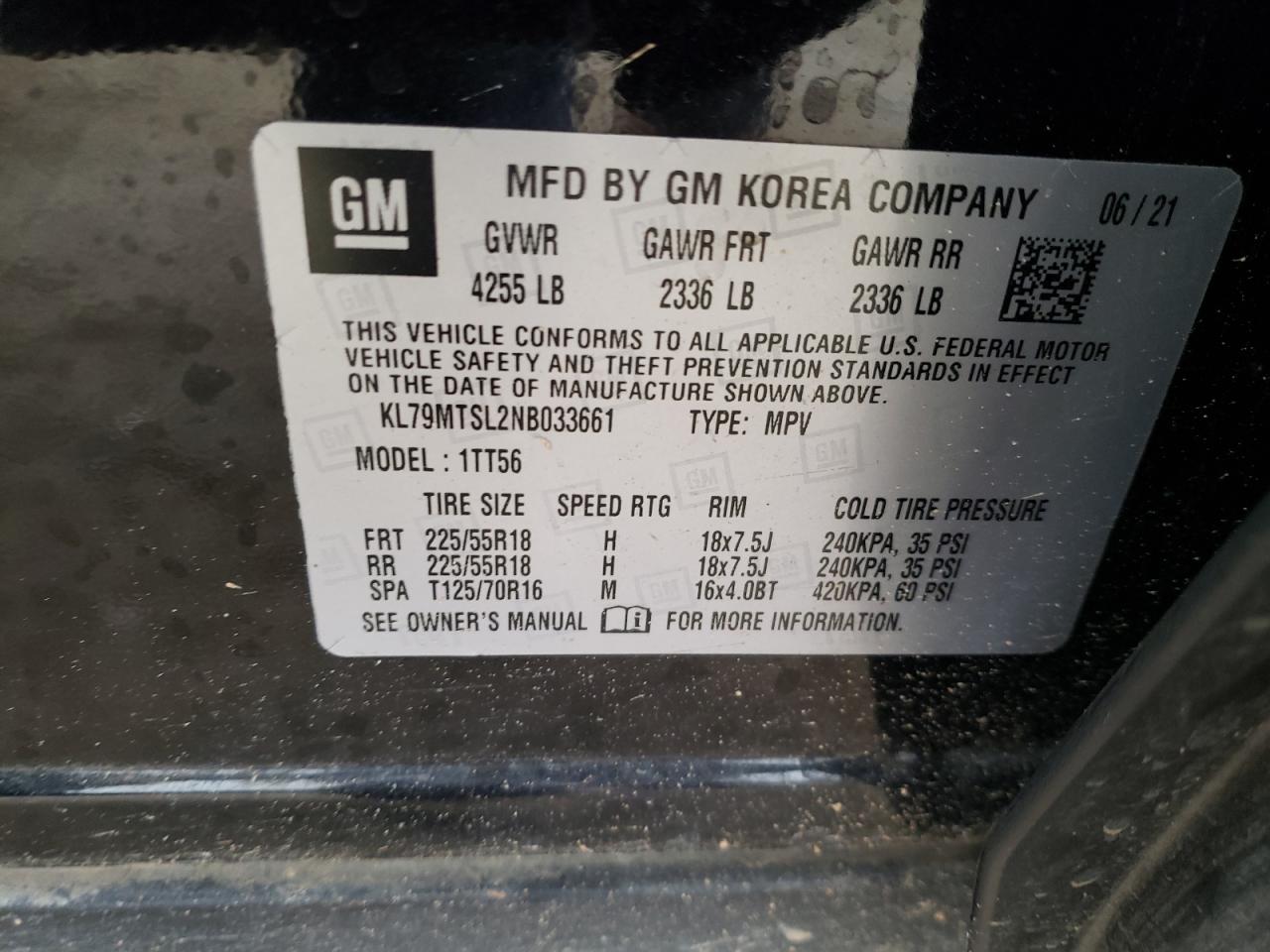 2022 CHEVROLET TRAILBLAZER RS VIN:KL79MTSL2NB033661