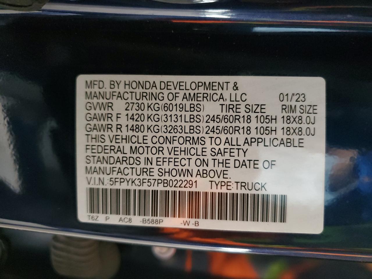2023 HONDA RIDGELINE RTL VIN:5FPYK3F57PB022291