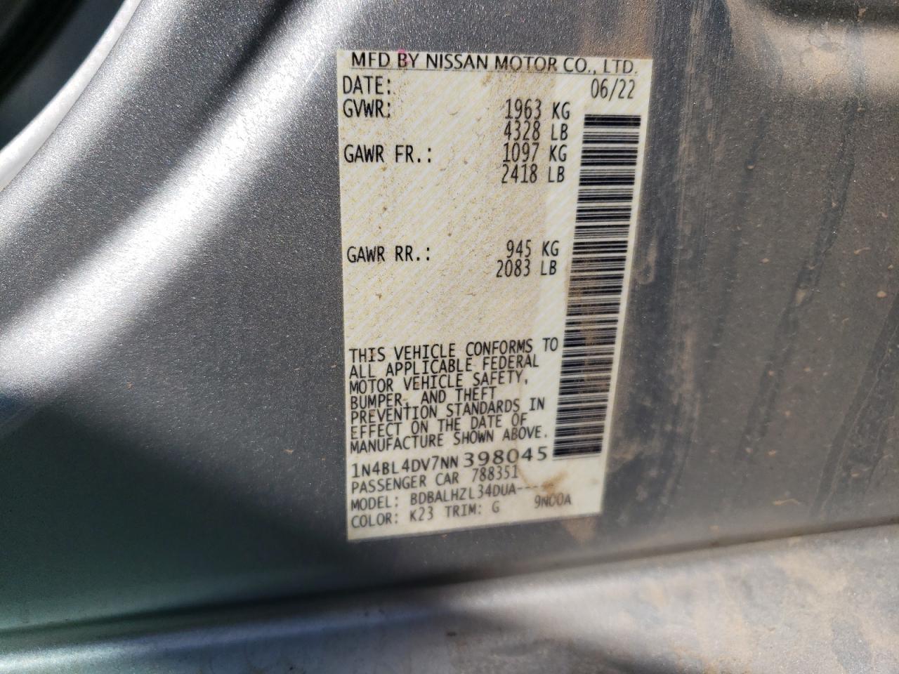 2022 NISSAN ALTIMA SV VIN:1N4BL4DV7NN398045