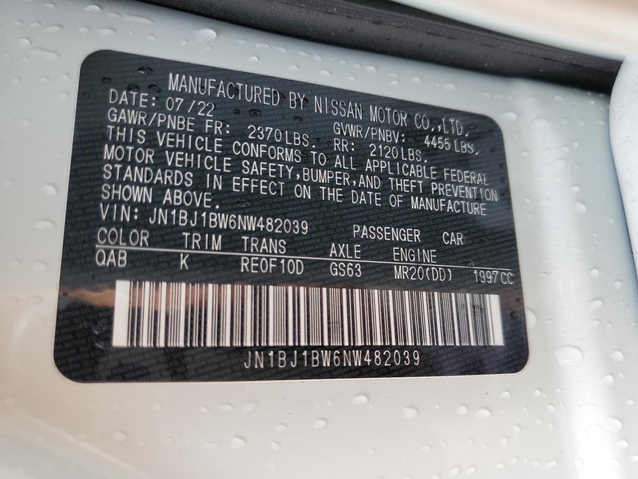 2022 NISSAN ROGUE SPORT SV VIN:JN1BJ1BW6NW482039