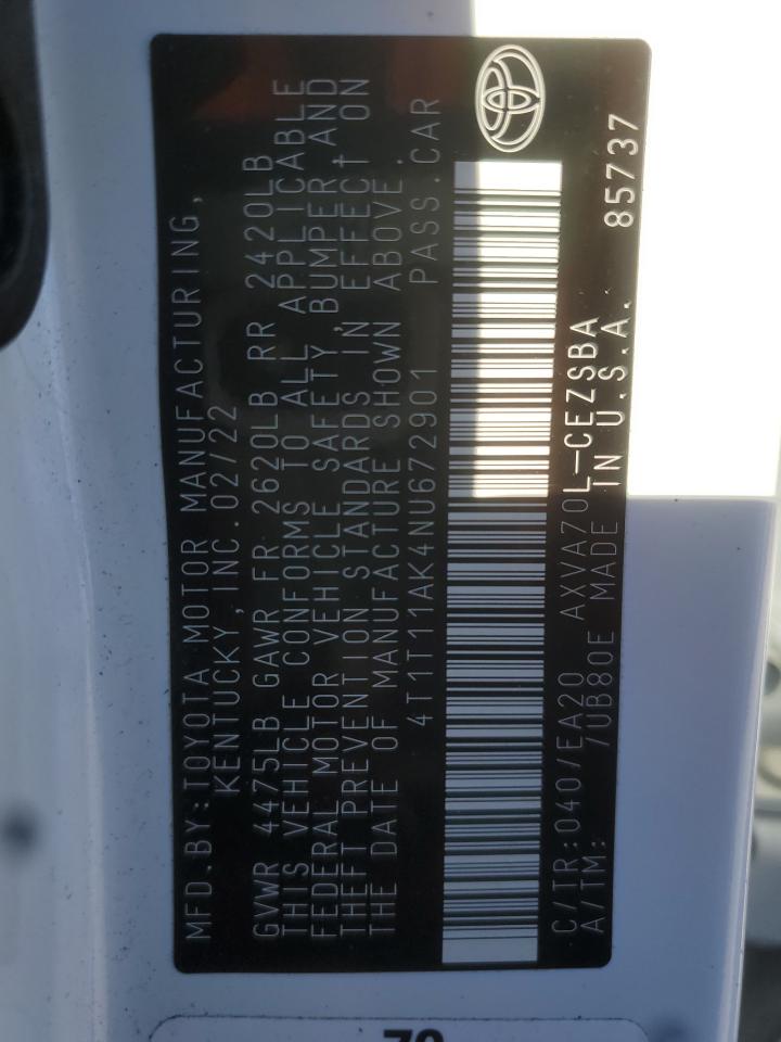 2022 TOYOTA CAMRY SE VIN:4T1T11AK4NU672901