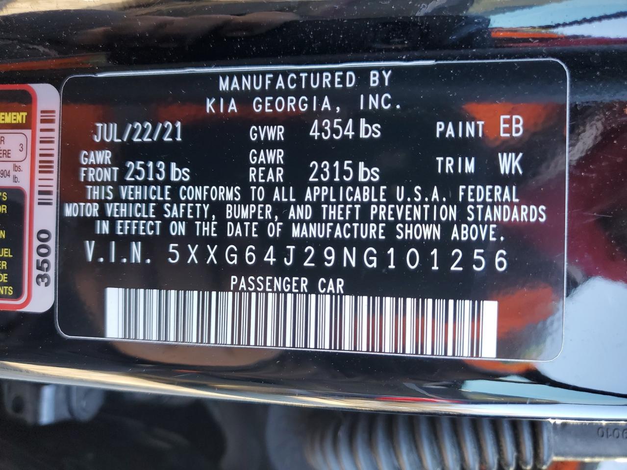2022 KIA K5 GT LINE VIN:5XXG64J29NG101256