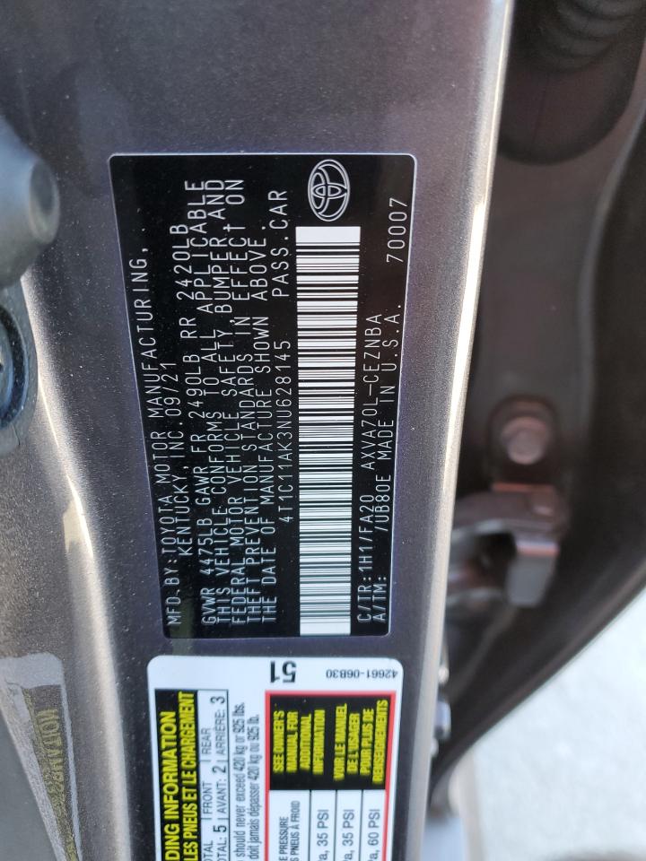 2022 TOYOTA CAMRY LE VIN:4T1C11AK3NU628145