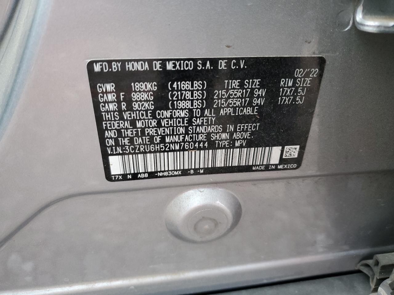 2022 HONDA HR-V EX VIN:3CZRU6H52NM760444