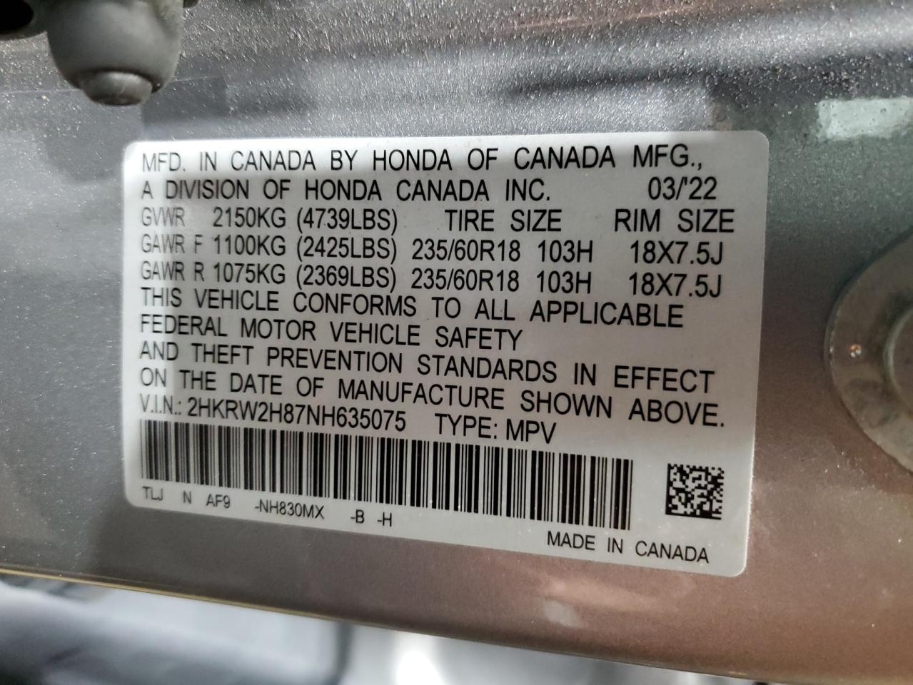 2022 HONDA CR-V EXL VIN:2HKRW2H87NH635075