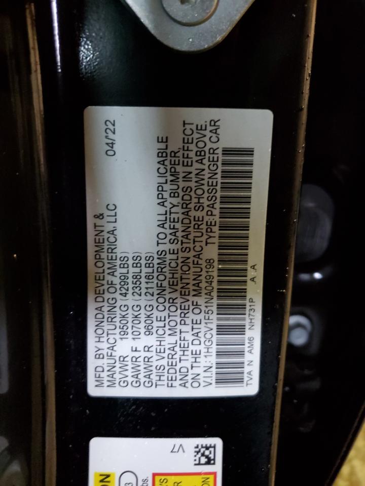 2022 HONDA ACCORD EXL VIN:1HGCV1F51NA049198