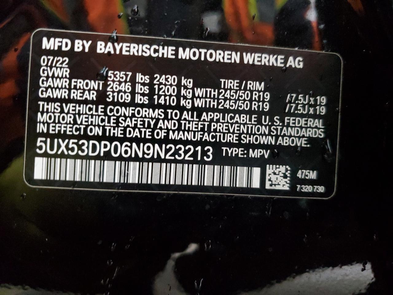 2022 BMW X3 XDRIVE30I VIN:79260643