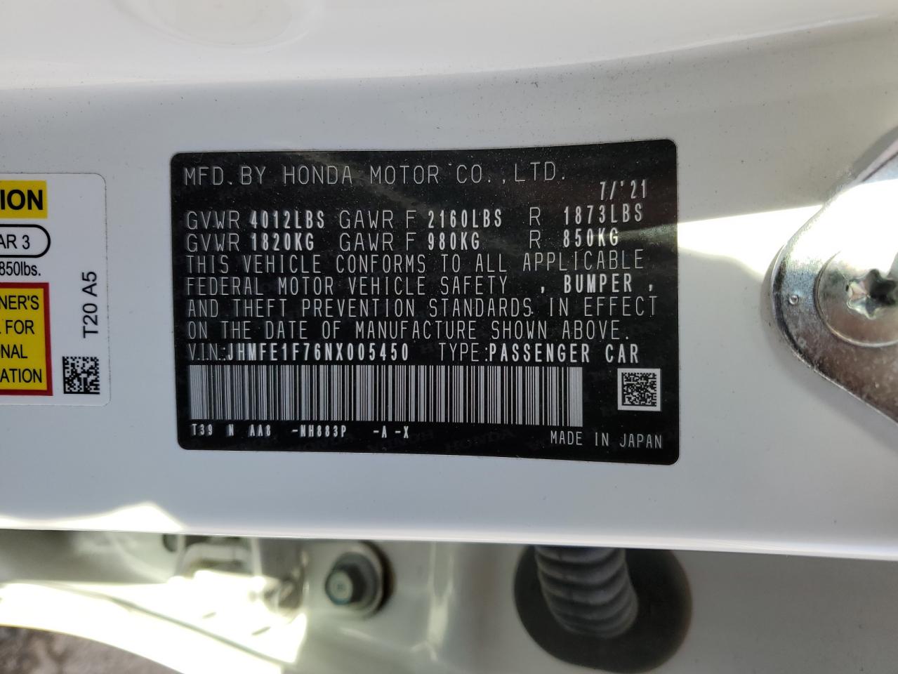 2022 HONDA CIVIC EX VIN:JHMFE1F76NX005450