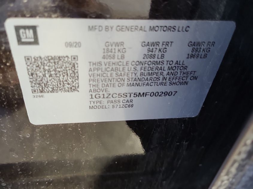 2021 CHEVROLET MALIBU LS VIN: 1G1ZC5ST5MF002907