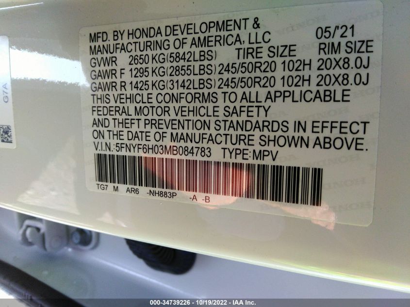 2021 HONDA PILOT ELITE VIN: 5FNYF6H03MB084783