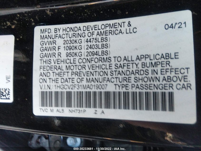 2021 HONDA ACCORD SEDAN SPORT VIN: 1HGCV2F31MA019007