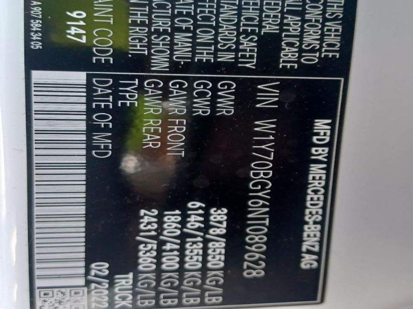 2022 MERCEDES-BENZ SPRINTER CARGO VAN VIN: W1Y70BGY6NT089628